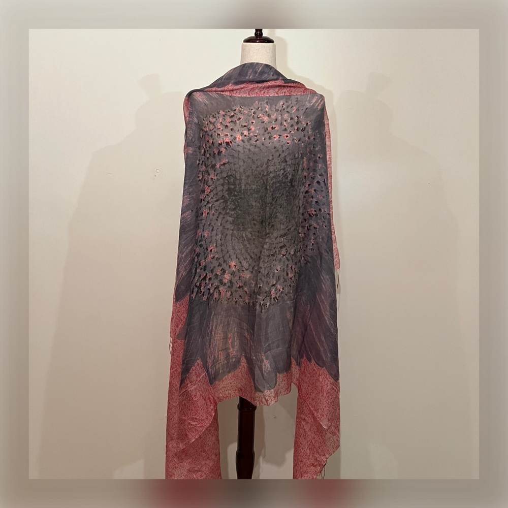 Pure Silk Flower Patterned Scarf in Red and Gray